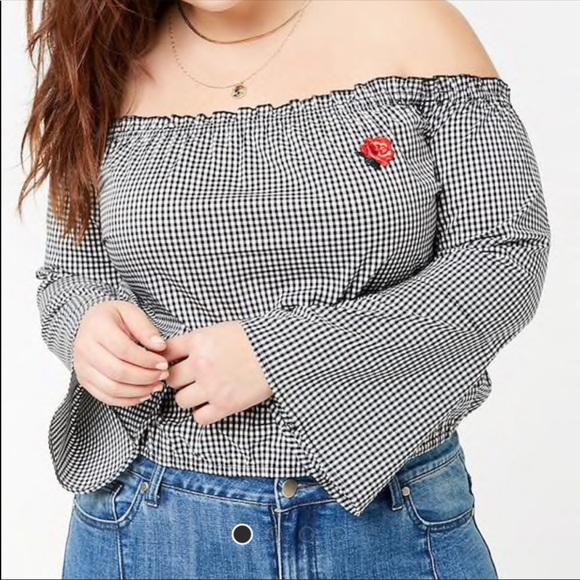 Black and white gingham print off the shoulder top - Picture 1 of 4